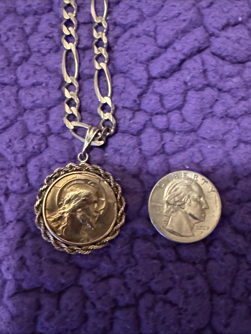 35 gram total weight 14k custom made charm and 22” 14k 5.5-6 mm figaro necklace
